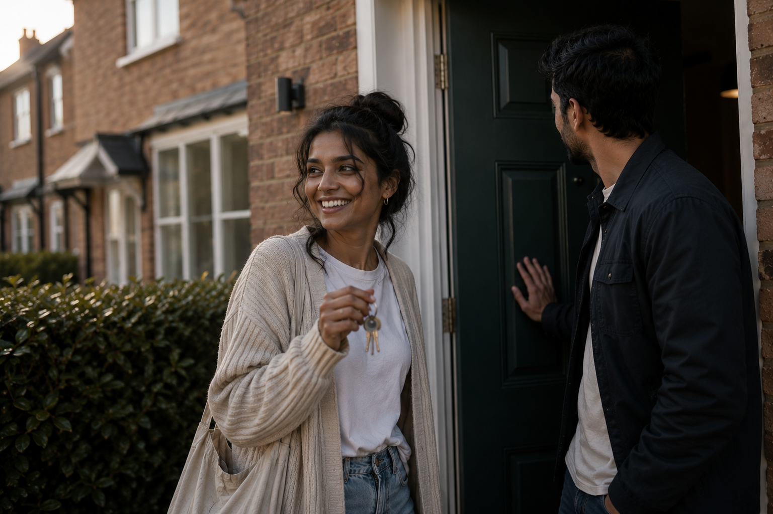 Sparrow customer smiling at their front door with keys in hand
